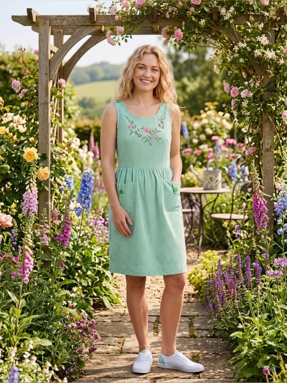 April Cornell Pinafore Floral Embroidered Cotton Green White Gingham Dress - Med